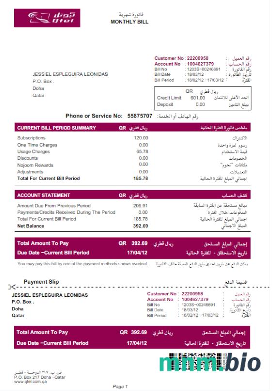 Qatar Qtel rachunek za media Word i PDF template